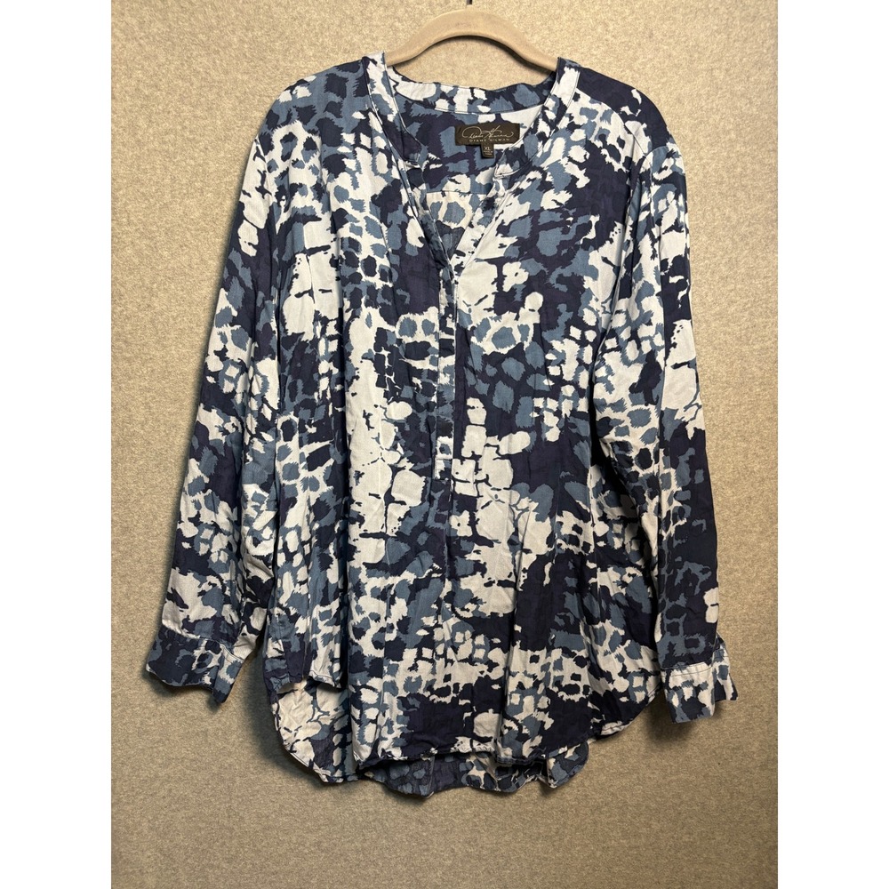 Diane Gilman Lyocell Blouse XL Blue Abstract‎ Print Tunic Artsy Boho Top